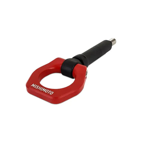 Red Mishimoto tow hook on Subaru WRX STI for racing and style upgrades