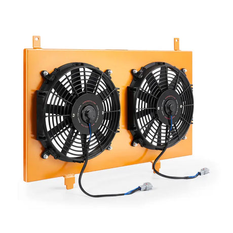 Dual electric cooling fans on orange aluminum fan shroud for Nissan 350Z upgrade