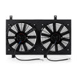 Dual electric cooling fans in Mishimoto Mazda RX8 aluminum fan shroud black
