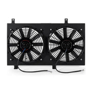 Dual electric cooling fans in Mishimoto Mazda RX8 aluminum fan shroud black