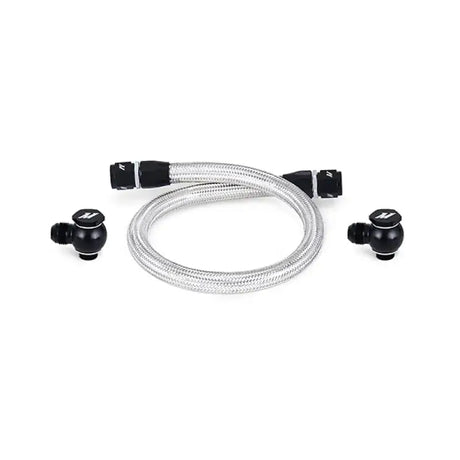 Braided Mazda RX8 oil line with black fittings and spherical valves for primary replacement