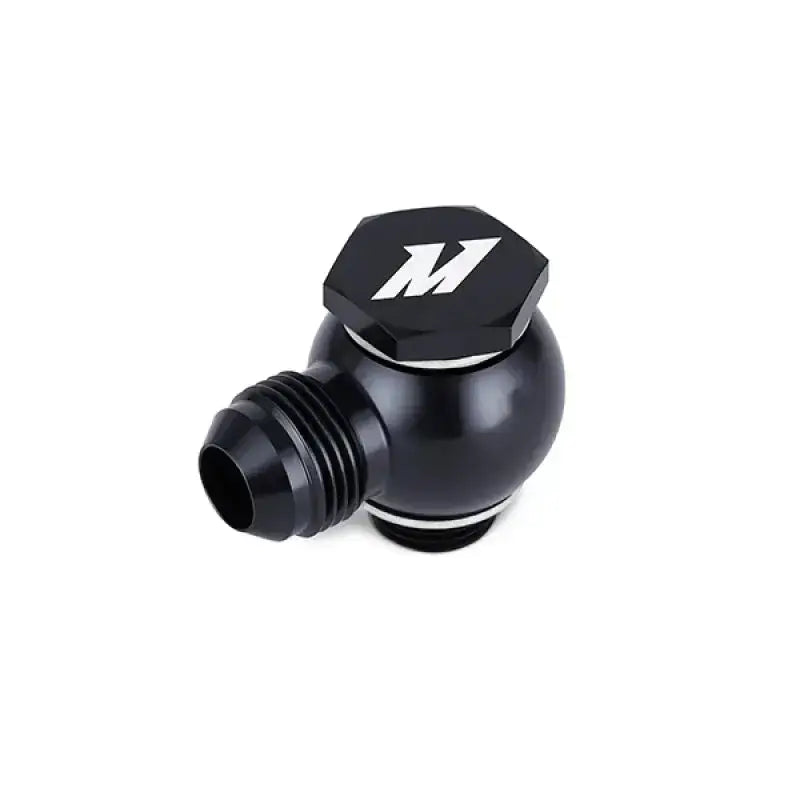 Black aluminum fluid fitting for Mazda RX8 primary replacement oil line upgrade
