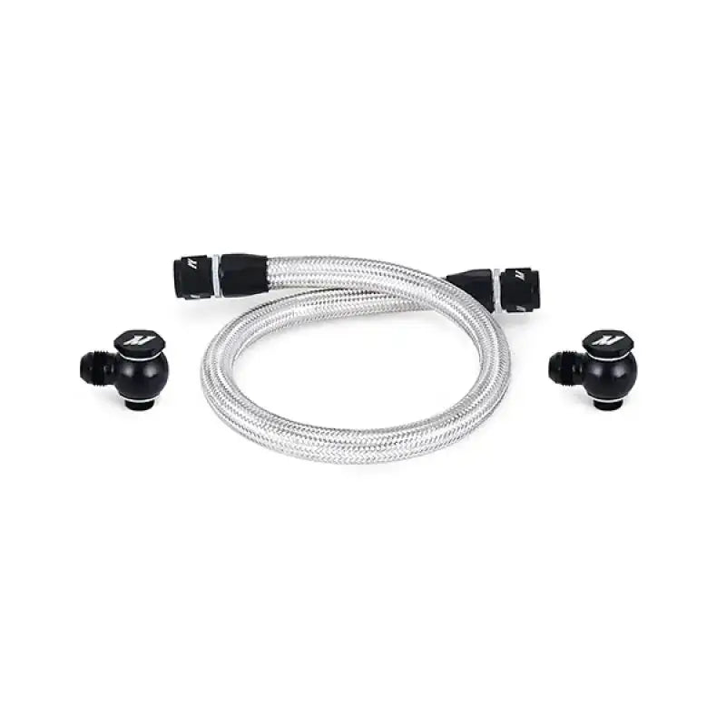 Braided Mazda RX8 oil line with black fittings and valve knobs for primary replacement