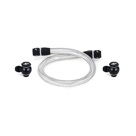Braided Mazda RX8 oil line with black fittings and valve knobs for primary replacement