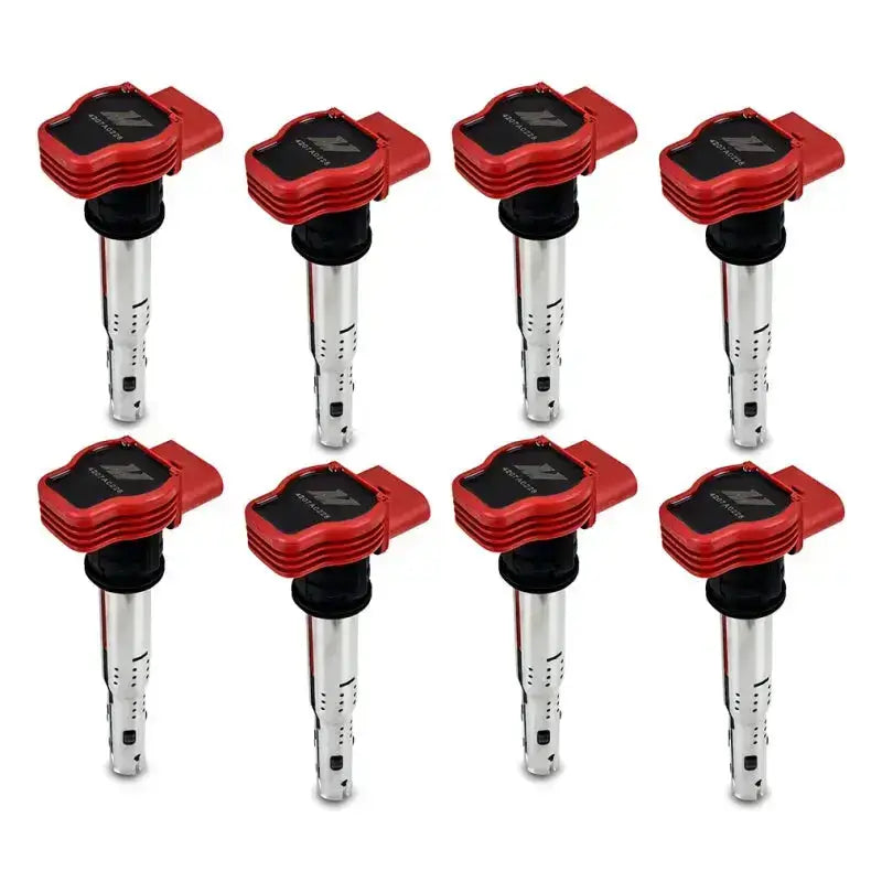 Eight red and silver ignition coils from Mishimoto Audi eight cylinder coil set