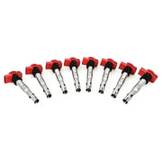 Eight red-topped ignition coils from Mishimoto Audi Eight Cylinder coil set