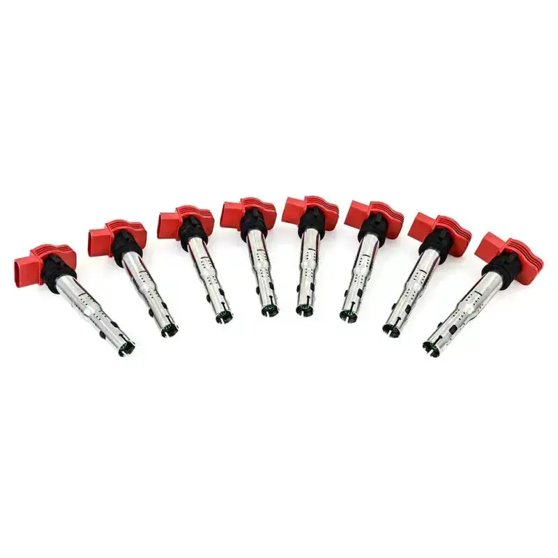 Eight red-topped ignition coils from Mishimoto Audi Eight Cylinder coil set