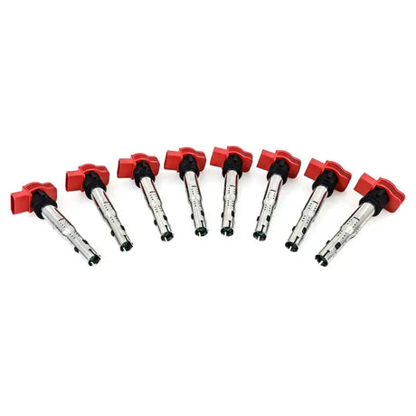 Eight red-topped ignition coils from Mishimoto Audi Eight Cylinder coil set
