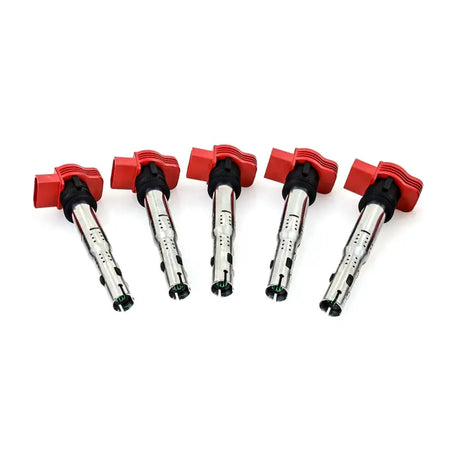 Five red and silver ignition coils from Mishimoto VW/Audi ignition coil set