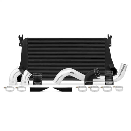 Black intercooler with silver piping and clamps for Mishimoto Duramax intercooler kit