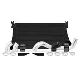 Black intercooler with silver pipes and black couplers from Mishimoto Duramax intercooler kit