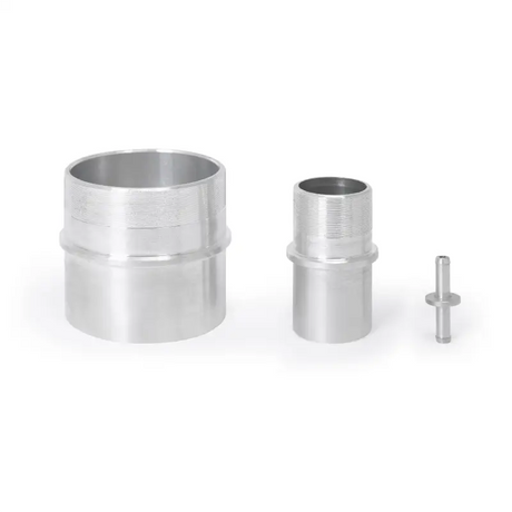 Three silver metal pipe fittings for Mishimoto Mazda 3 blue silicone hose kit