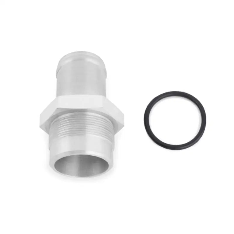 Silver metal threaded fitting with black o-ring for Mishimoto race ready radiator connects easily