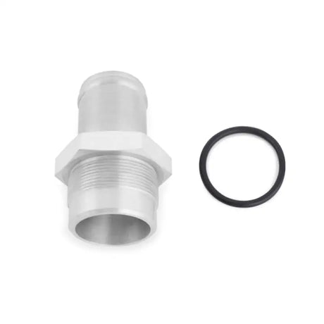 Silver metal threaded fitting with black o-ring for Mishimoto race ready radiator connects easily