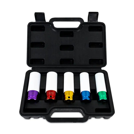 Mishimoto 1/2in. Wheel Nut Socket Set - 5pc in carrying case, featuring color-coded non-marring sockets from 15mm to 22mm.