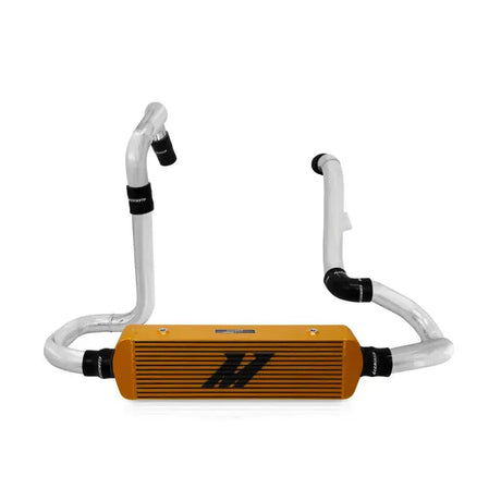 Gold race intercooler with silver piping from Mishimoto Hyundai Genesis piping kit