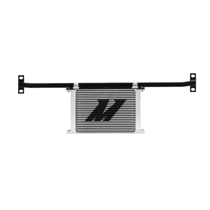 Silver oil cooler with black brackets from Mishimoto Ford Mustang GT oil cooler kit