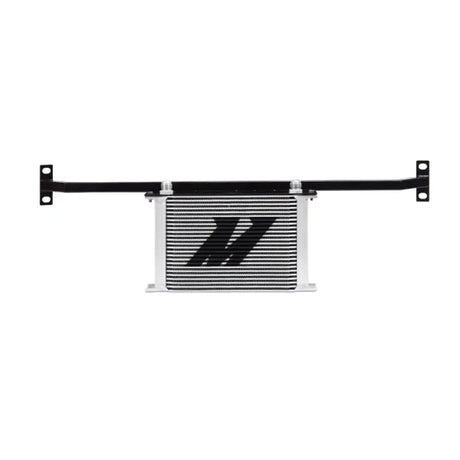 Silver oil cooler with black brackets from Mishimoto Ford Mustang GT oil cooler kit