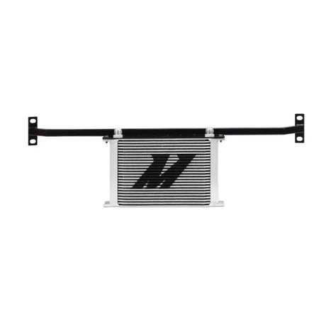 Silver oil cooler with black brackets from Mishimoto Mustang GT oil cooler kit