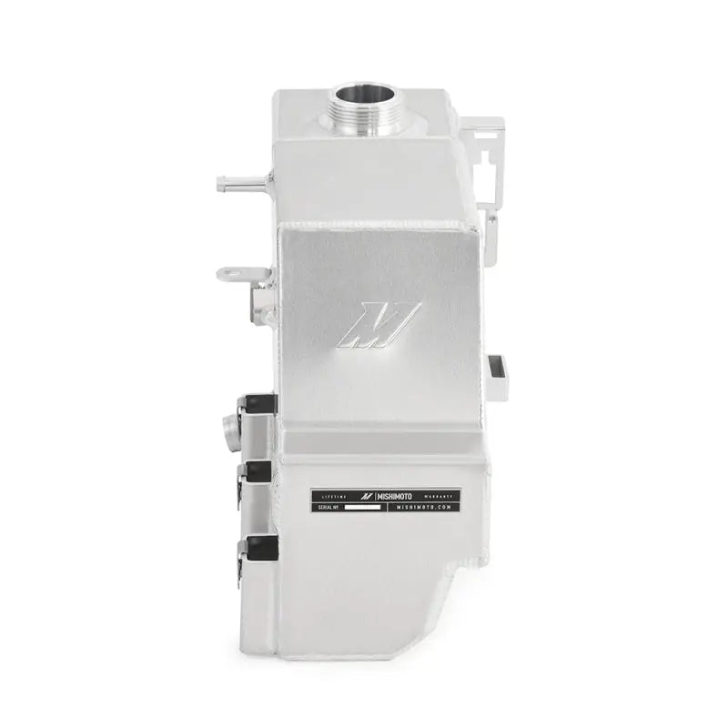 Silver aluminum coolant expansion tank from Mishimoto Ford 6.7L Powerstroke tank kit