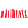 Mishimoto 11-piece trim removal tool set in red, constructed from durable impact-resistant nylon, designed for safe removal of vehicle interior and exterior trim panels, includes cloth pouch for organization and transport.