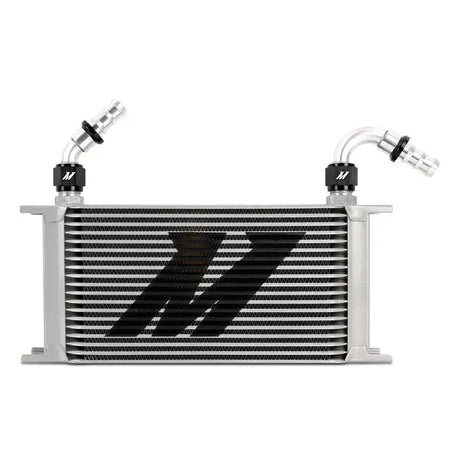 Silver oil cooler with black fittings for Mishimoto push lock fitting setup