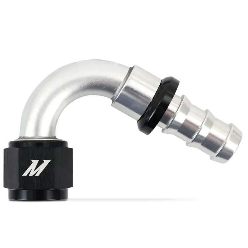 Silver and black Mishimoto push lock fitting with 90-degree design for -10AN hoses