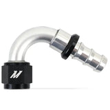 Silver and black Mishimoto push lock fitting with 90-degree design for -10AN hoses