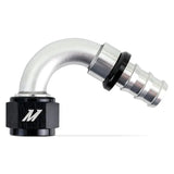 Silver and black Mishimoto 120-Degree Push Lock Fitting -12AN hose fitting