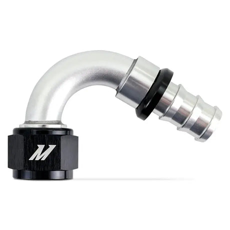 Silver and black Mishimoto 120-Degree Push Lock Fitting -12AN hose fitting