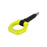 Yellow Mishimoto tow hook for Subaru BRZ and Subaru WRX front mount racing piece