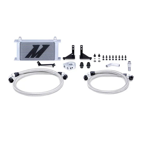 Automotive oil cooler kit for Ford Fiesta ST, Mishimoto silver oil cooler setup