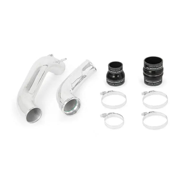 Shiny metal intercooler pipe kit with black rubber connectors and clamps for Ford F-150