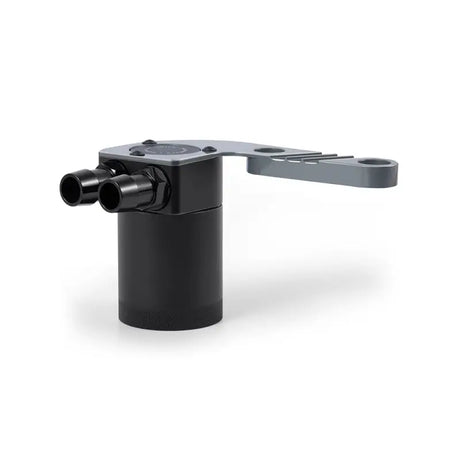 Black cylindrical baffled oil catch can with gray mounting bracket for BMW F8X M3/M4