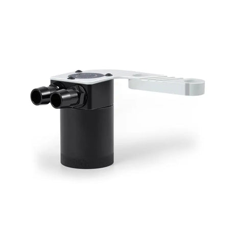 Black cylindrical Mishimoto baffled oil catch can with white mounting bracket for BMW F8X M3/M4