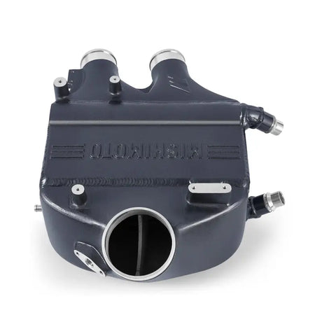 Gray metal intercooler from Mishimoto F8X M3 M4 power pack for upgraded intercooler power