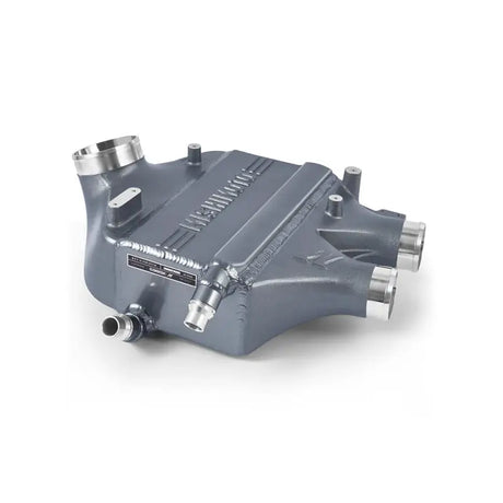 Gray metal intercooler with multiple ports for BMW F8X M3 M4 intercooler power pack