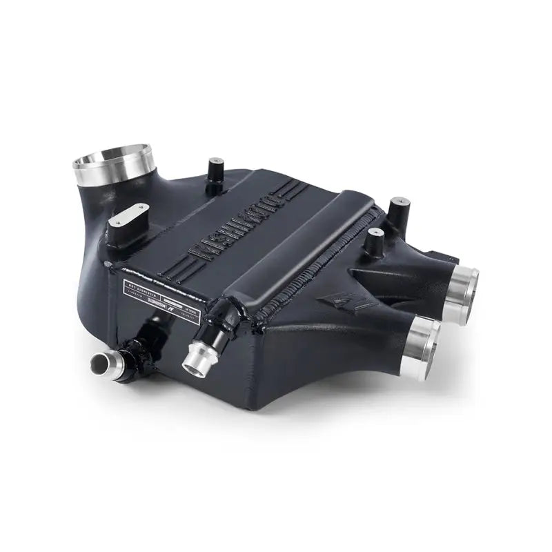 Black aluminum intercooler with silver fittings from Mishimoto BMW F8X power pack