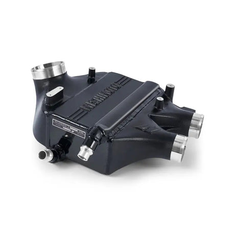 Black aluminum intercooler with silver fittings from Mishimoto BMW F8X power pack