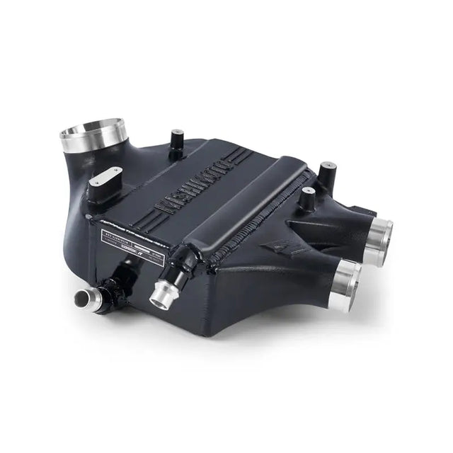 Black aluminum intercooler with silver fittings from Mishimoto BMW F8X power pack