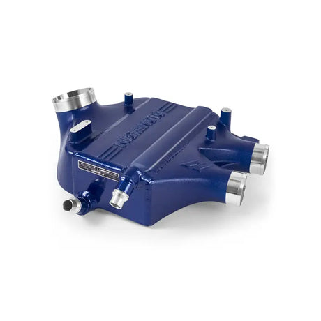 Blue metal intercooler with silver fittings from Mishimoto BMW F8X M3/M4 power pack