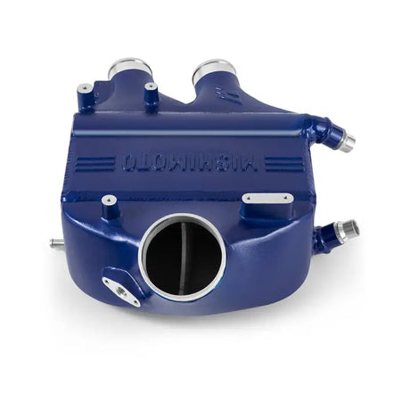 Blue aluminum intercooler in Mishimoto F8X M3/M4 power pack for enhanced intercooler power