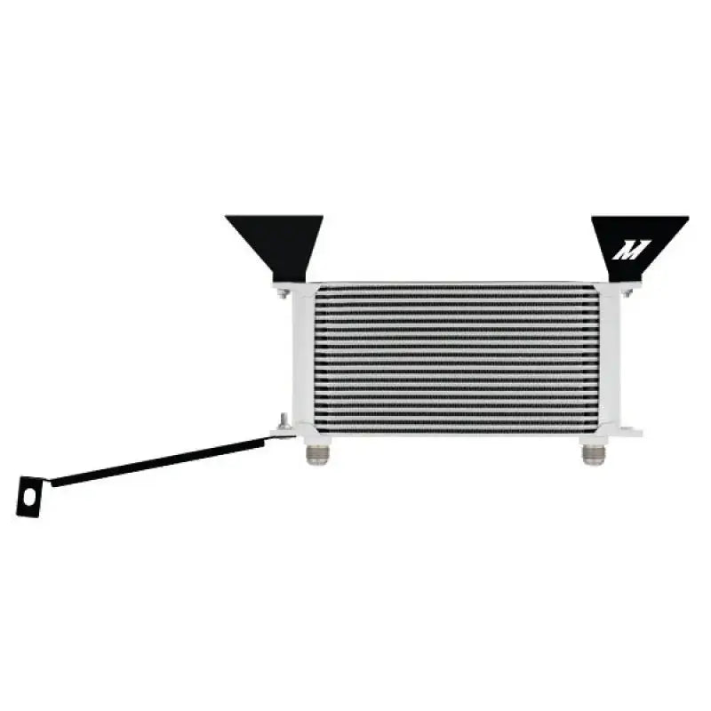 White and silver intercooler with black brackets from Mishimoto oil cooler kit for Ford Mustang