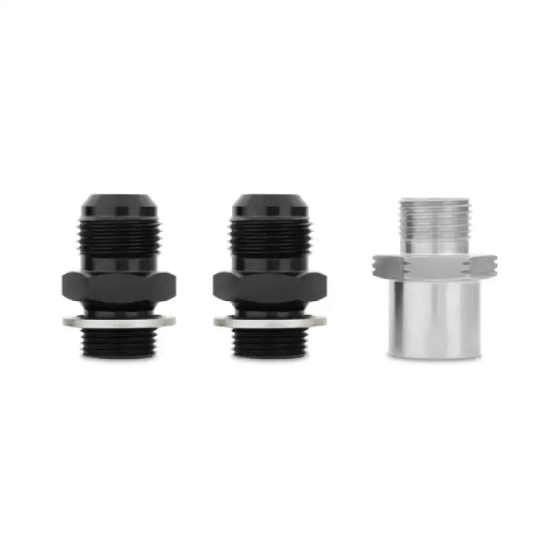 Three metal fittings for Ford Mustang oil cooler kit in silver perfect for cooling upgrade