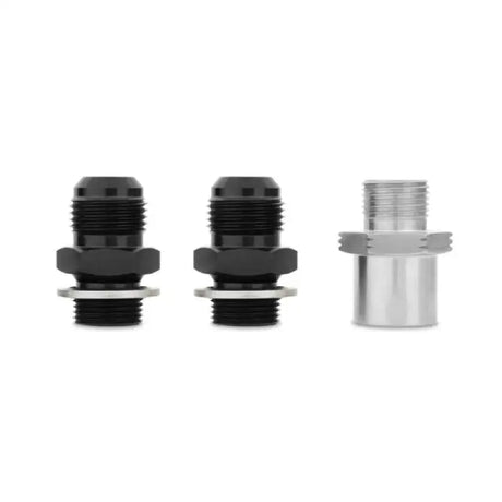 Three metal fittings for Ford Mustang oil cooler kit in silver perfect for cooling upgrade