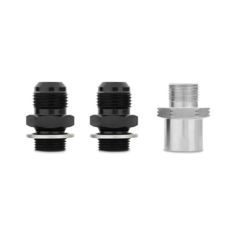 Three metal fittings for Ford Mustang oil cooler kit in silver