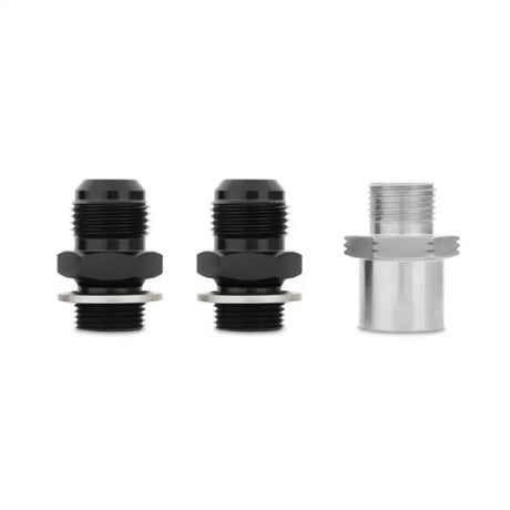 Three metal fittings for Mishimoto Ford Mustang EcoBoost oil cooler kit in black