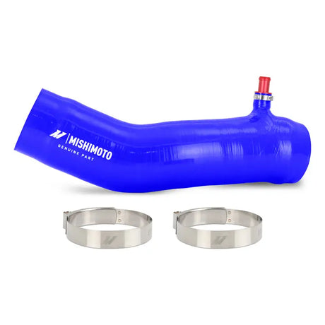 Blue silicone air intake hose with metal clamps from Mishimoto Tacoma intake hose kit