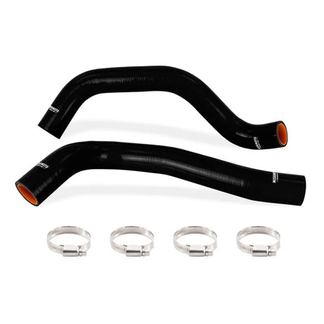 Black silicone radiator hoses with clamps from Mishimoto Toyota Tacoma silicone hose kit