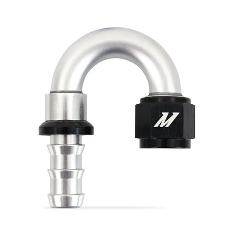Silver and black Mishimoto 180-Degree Push Lock Fitting -10AN, perfect lock fitting